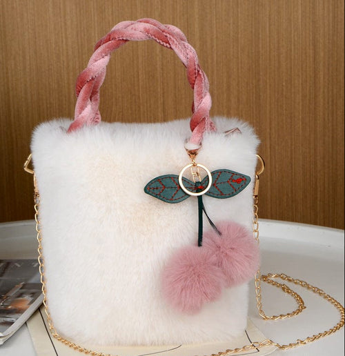 Cherry Bag Autumn And Winter New Plush Western Style Cute Handbag Bag Large Capacity Bucket Bag Chain Shoulder Messenger Bag
