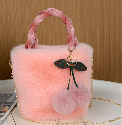 Cherry Bag Autumn And Winter New Plush Western Style Cute Handbag Bag Large Capacity Bucket Bag Chain Shoulder Messenger Bag